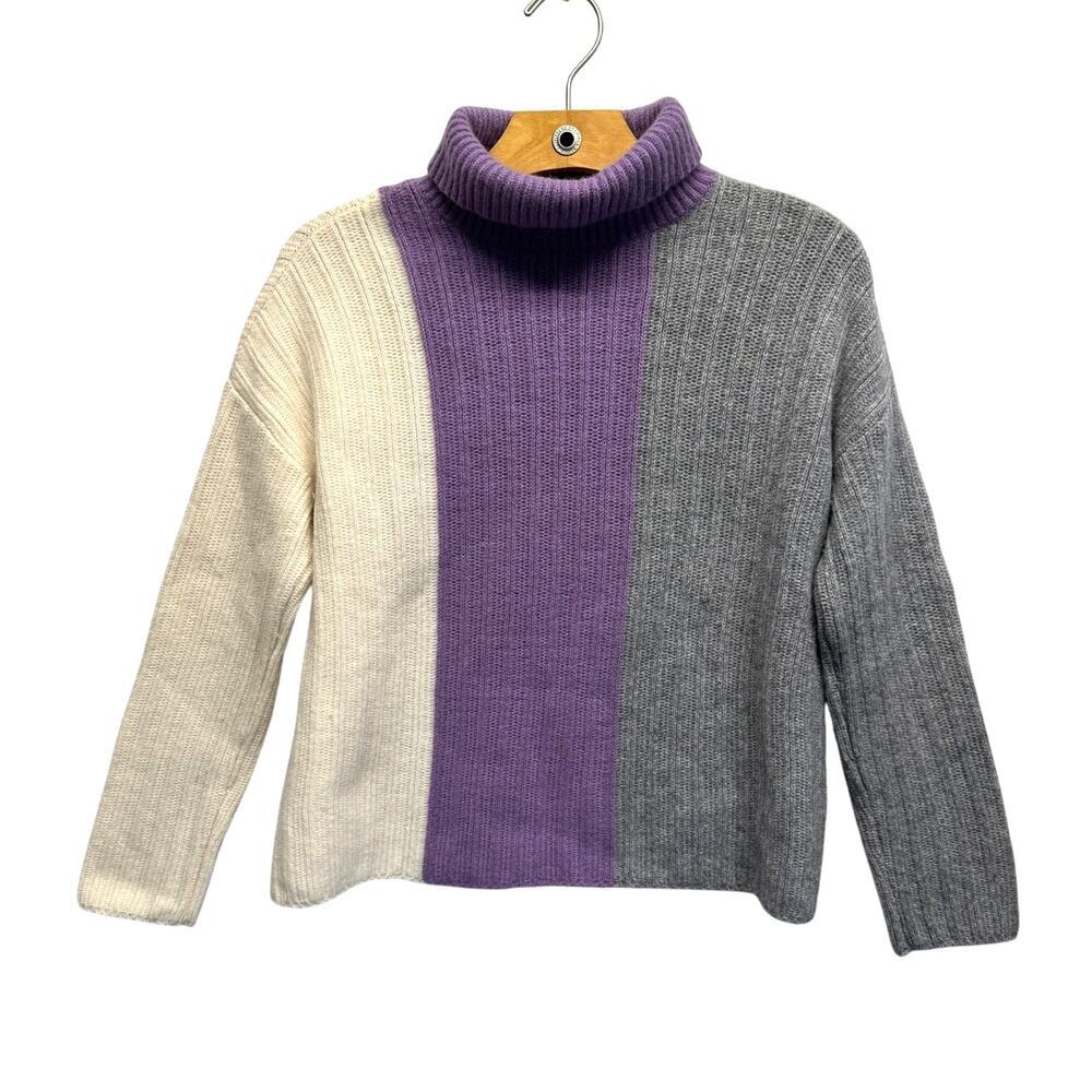 Wool Cashmere Colorblock Ribbed Turtleneck Sweater Purple Grey Cream XS‎